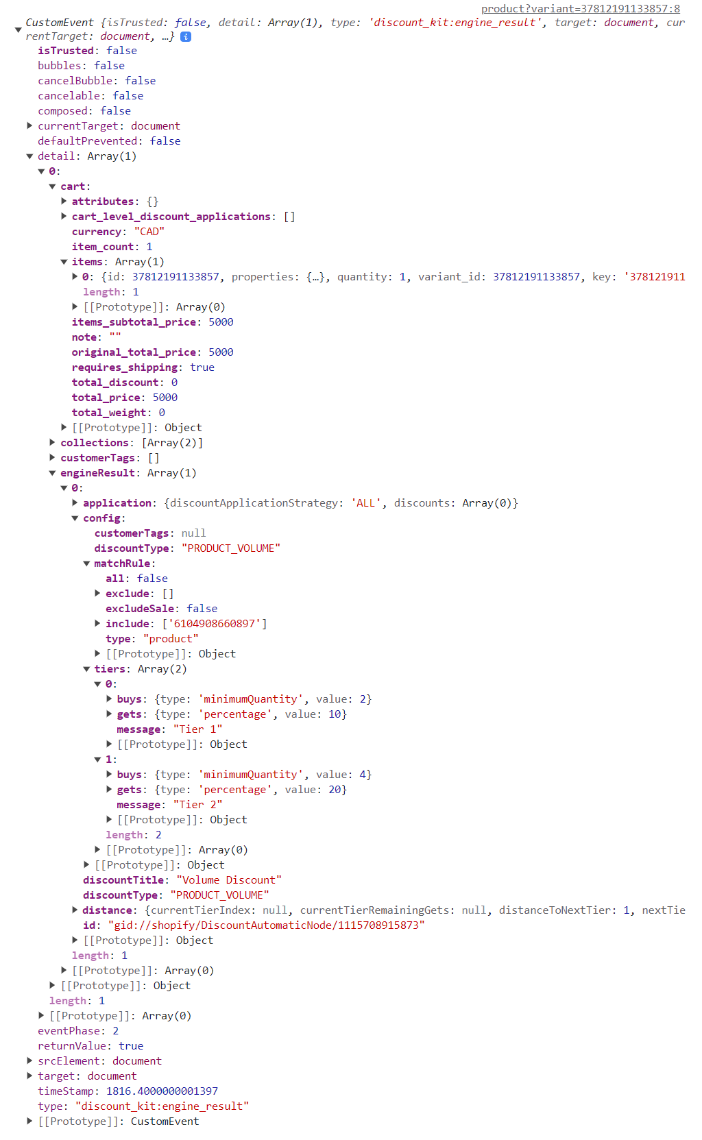discount_kit:engine_result event data in the browser console